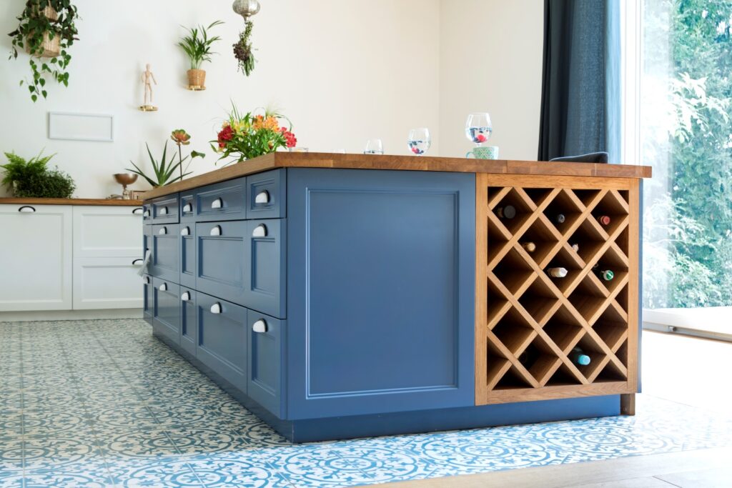Custom kitchen island with built-in storage designed for function and style.